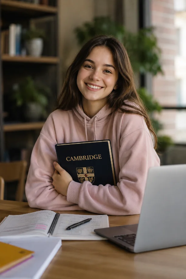 Elevă pregătindu-se pentru examenul Cambridge